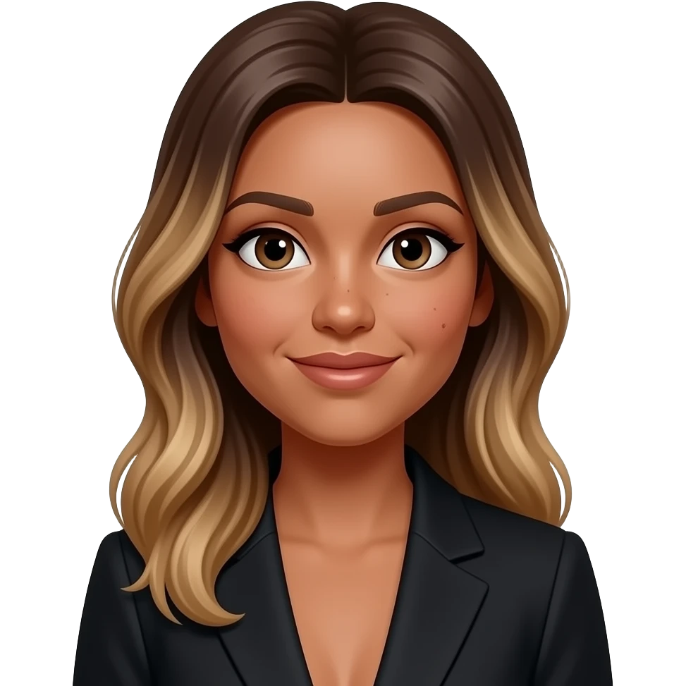 woman-with-black-suit-valayage hair long and warmth skin color,light dark skin big nose and shape big faces and has small pimple in left , i also have the mole in face near nose small one emoji