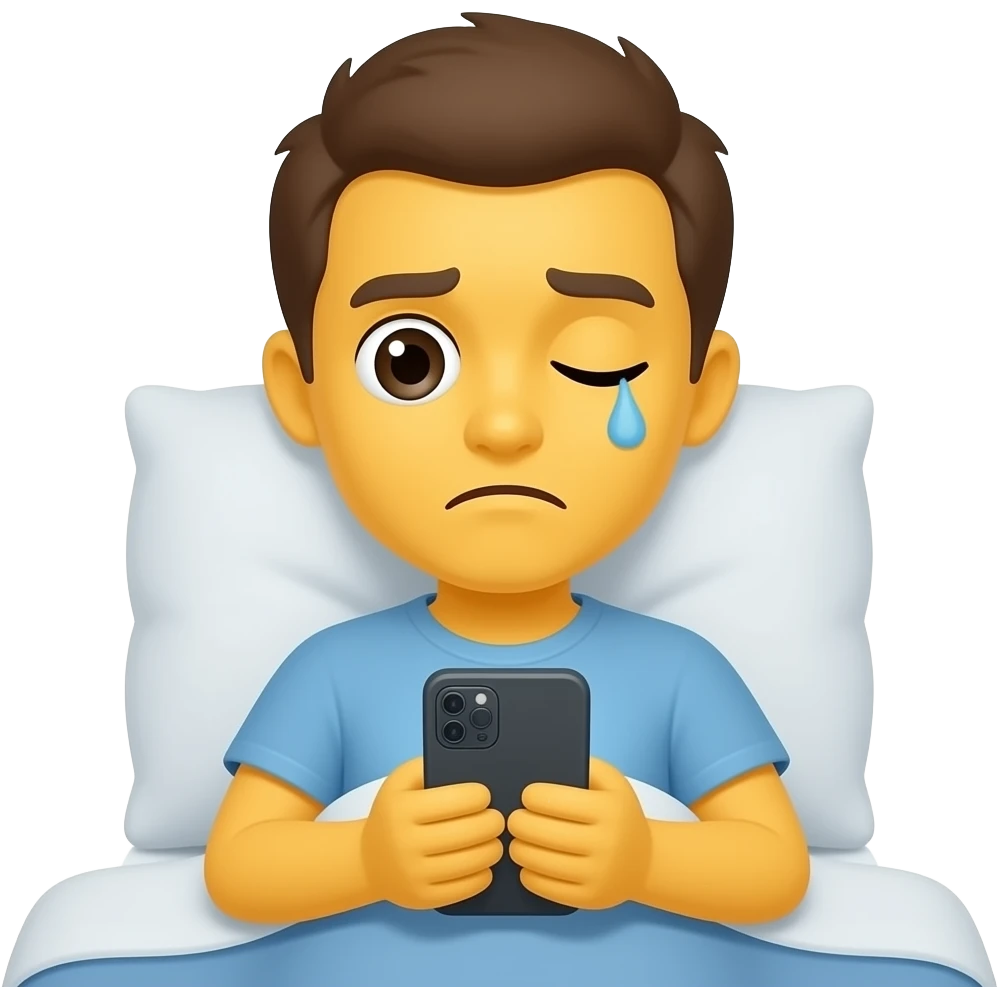 Yellow emoji face that looks tired & sleepy with one eye open and one eye shut checking phone messages in bed emoji