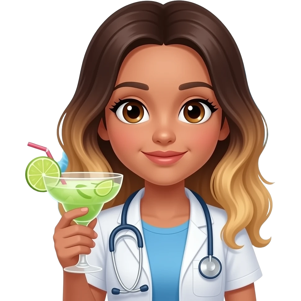White girl with olive skin brown eyes ombré bronde hair  and holding a margarita no stethoscope “add 🧬 emoji