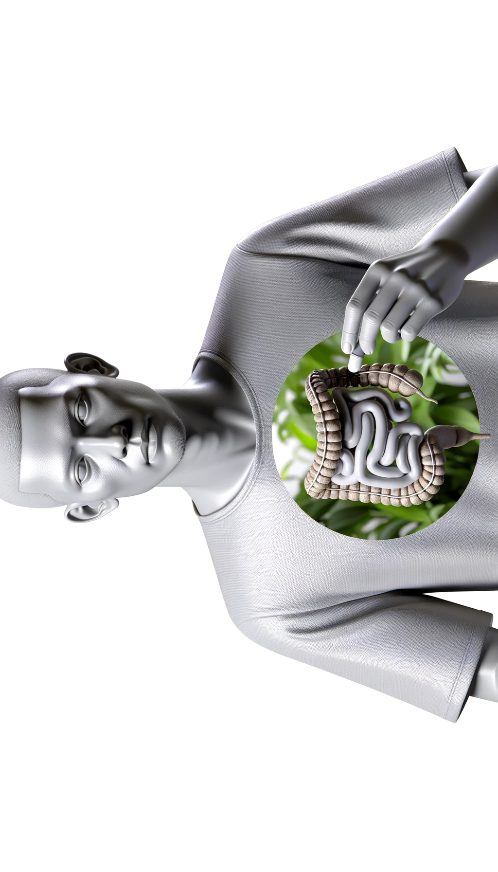 corpo umano anatomico con intestino in evidenza che prende pillole con espressione neutra in volto, iperrealistico 4k, isolato su sfondo bianco emoji