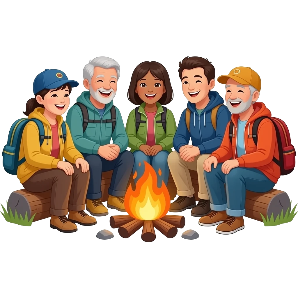 age and race diverse adults sitting around a campfire laughing wearing camping clothing no visible backpacks emoji