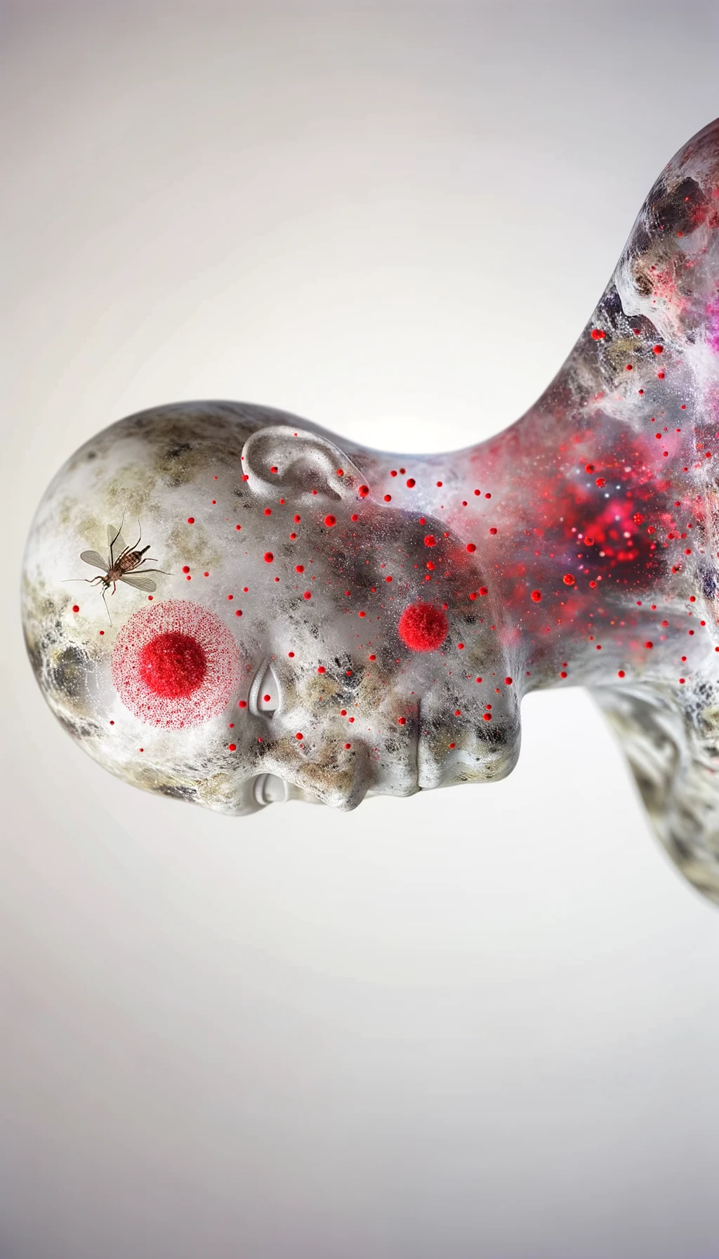 CORPO UMANO ANATOMICO CON RED SPOT DI INFIAMMAZIONE SPARSI SUL CORPO, SFONDO CHIARO, iperrealistico 4k emoji