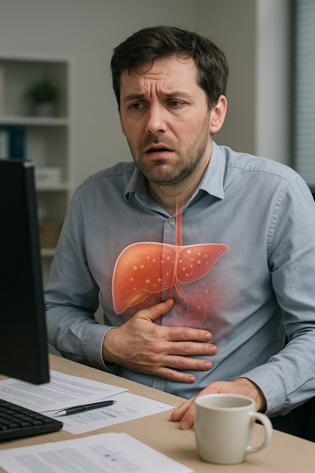 Man sitting at office desk experiencing subtle symptoms of liver dysfunction, upper abdominal pain, nausea, and unexplained fatigue Parasites: Types, Symptoms, Treatment & Prevention, expression of confusion about vague health issues, liver shown in transparent overlay with early inflammation, toxins beginning to accumulate in bloodstream, productivity declining as liver struggles to filter properly emoji