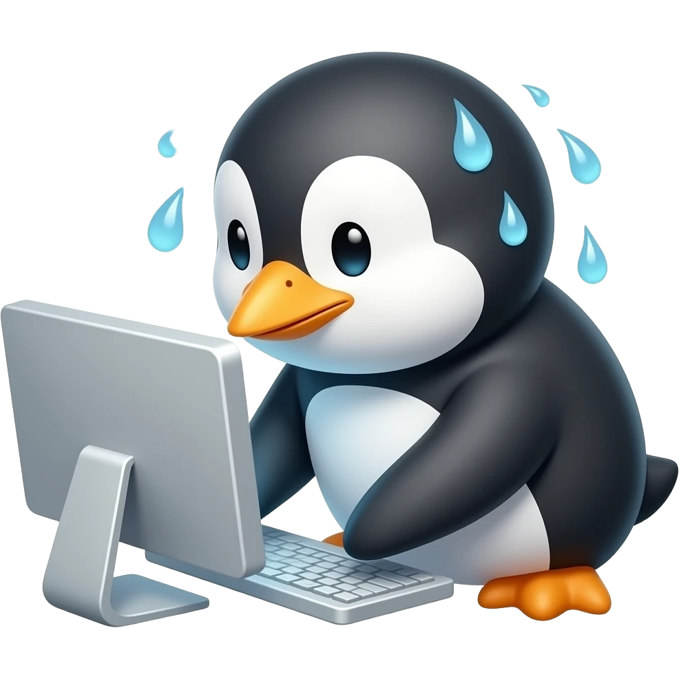 make a penguin hacking a computer,, and make it sweating cutely emoji
