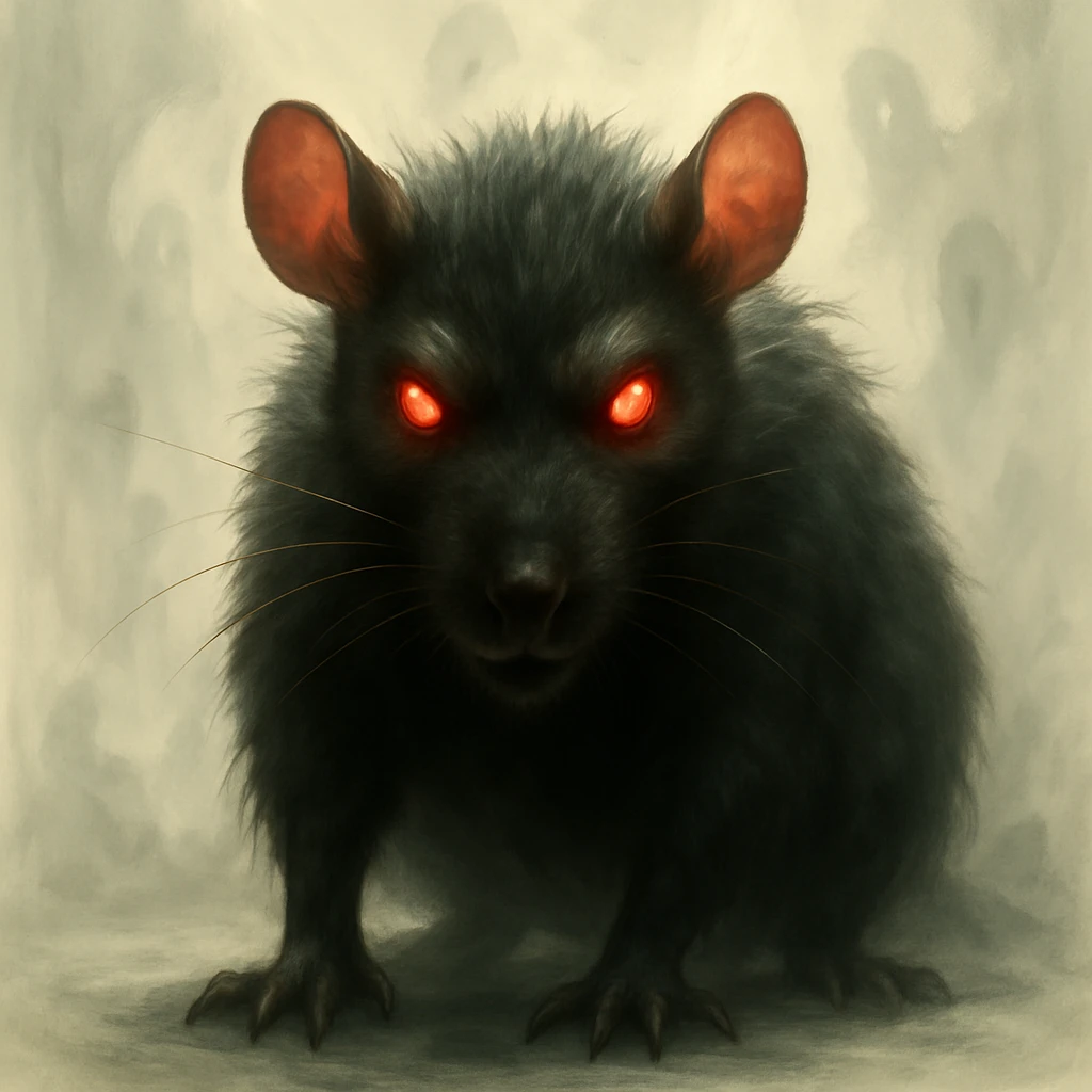 Change the background to a more sinister, eerie, and unsettling environment while keeping it light colored to contrast with the dark rat. Maintain the hyper-realistic, soft, glowing art style in the image. emoji