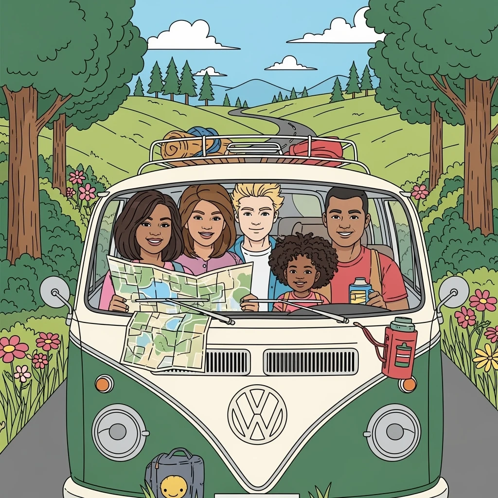 color vector art with thin outline of family on road trip with volkwagon van  emoji