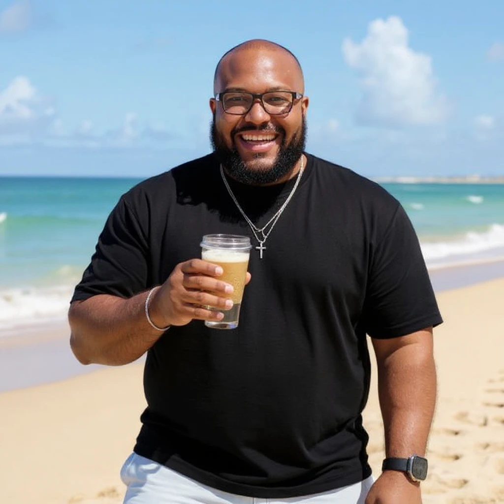 take this picture of a man and make it  beach photo with drink emoji
