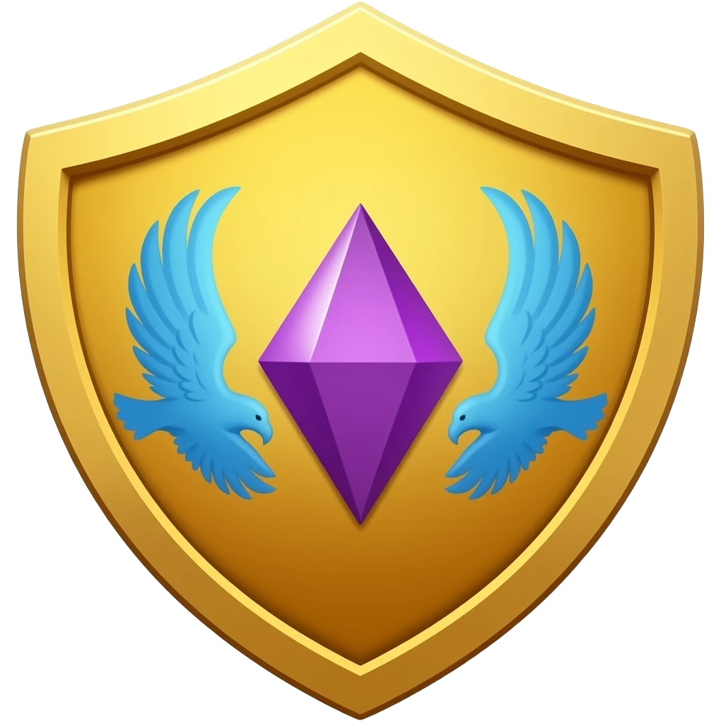 Golden shield, purple crystal, blue eagles, fantasy emoji, clean, vibrant, Discord style emoji