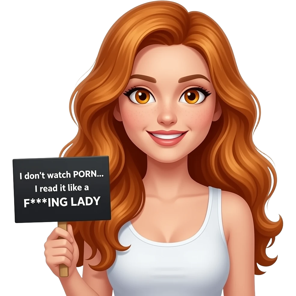 sexy girl with long wavy ginger hair and ginger eyes wearing a white tanktop is holding a black colored sign with I don't watch PORN... I read it like a F***ING LADY written on it emoji