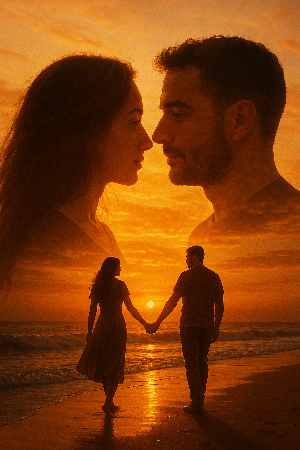 Una doppia esposizione cinematografica di noi di profilo, con un paesaggio di spiaggia al tramonto integrato nella silhouette.
La scena interna ci mostra entrambi camminare sulla sabbia bagnata, tenendoci per mano, con le onde del mare che si infrangono è facile e un cielo colorato dagli ultimi raggi di sole. Atmosfera calda e intima, toni dorati arancioni, dettagli fini ed espressivi, risoluzione 8K. emoji