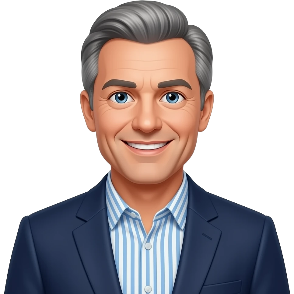 DJR - man, friendly smile, mid 70's, grey hair, blue eyes, slim face, blue and white vertical striped button up shirt, dark blue blazer emoji