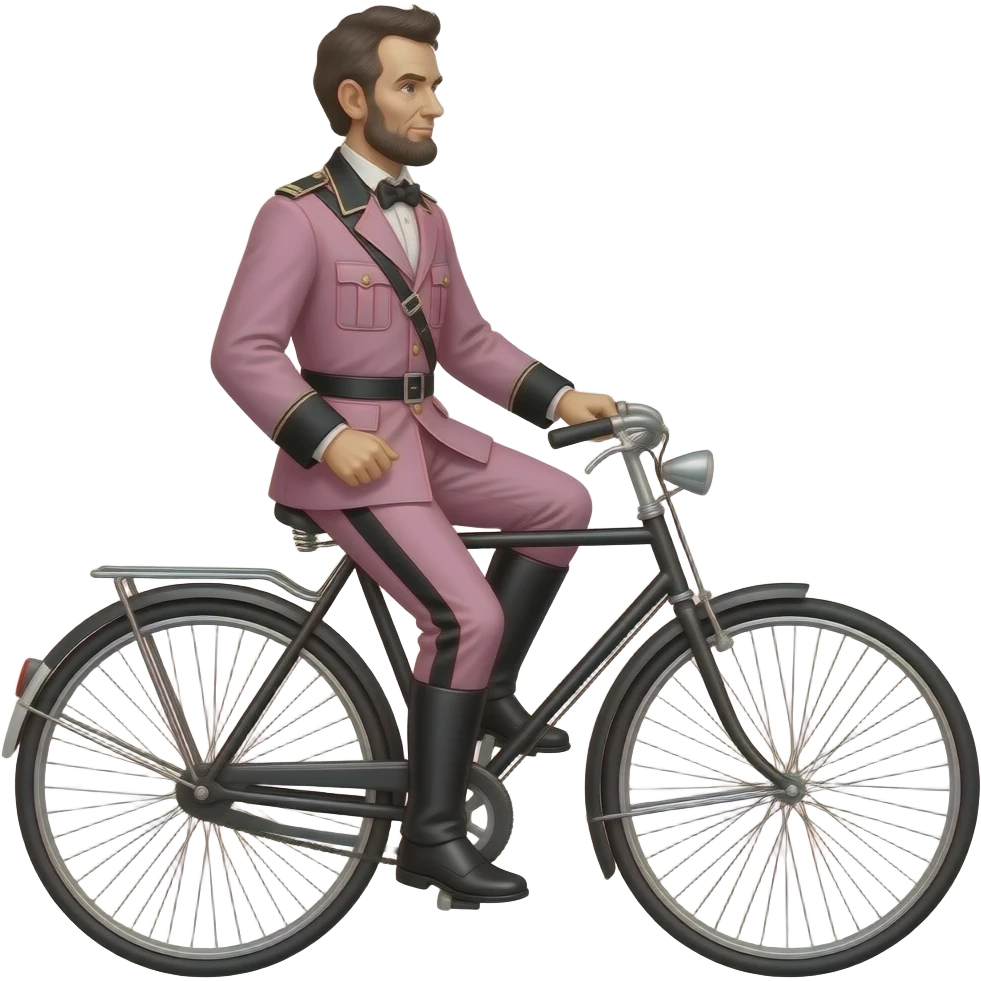 cinematic realistic - Abraham Lincoln in a pink German World War II uniform rides elegant Madonna on a vélocipède emoji