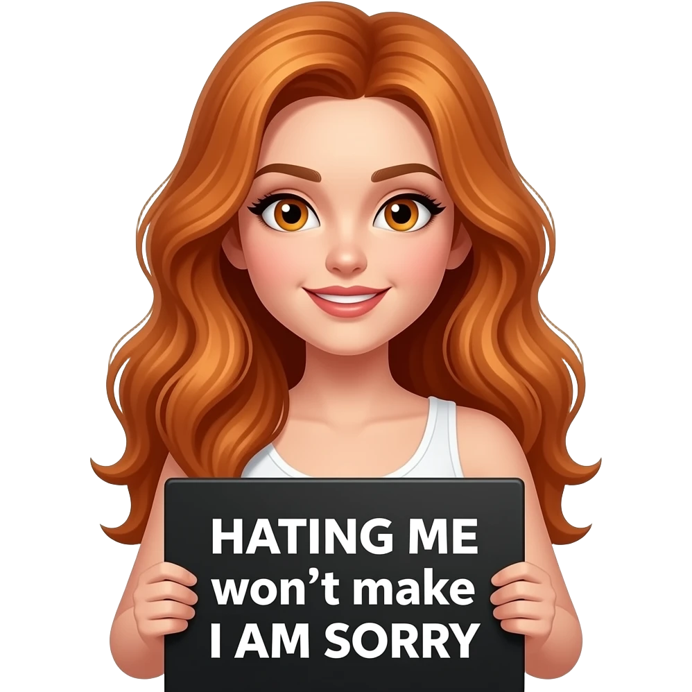 sexy girl with long wavy ginger hair and ginger eyes wearing a white tanktop is holding a black colored sign with HATING ME won't make I AM SORRY written on it emoji