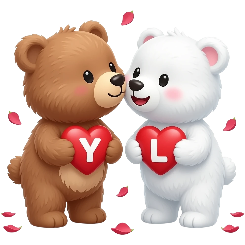 I want one light brown bear teddy kissing on cheek white bear teddy both holding heart , both a little furry, the  white bear blushes and smiles , add letter Y to the heart of the brown bear and letter L to the heart of the white bear , raining rose petals emoji