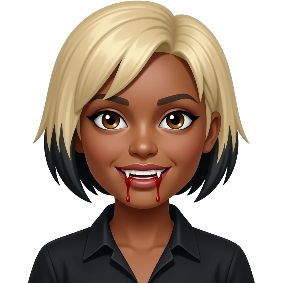 women blond short hair with black roots to the side, black skin, brown eyes, black shirt,  dracula teeth with blood on the fangs emoji