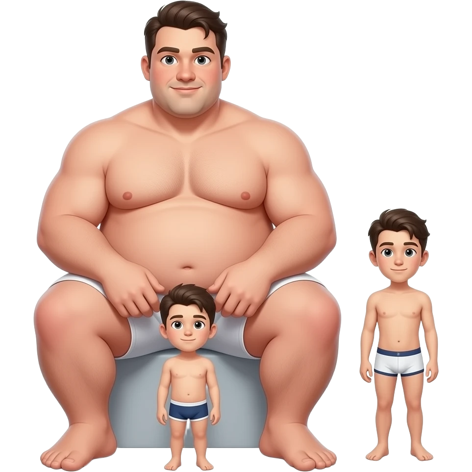 Strong very tall wide very fat teen, gigantic big dick, cool hairstyle, large dick, large feet, large dick, full body, fat, sitting on the tiny boy's head, in white boxers, standing next to a short weak thin boy tiny dick underwear 🩲 emoji