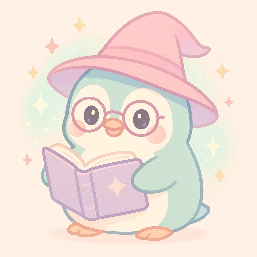 a chubby penguin wizard with glasses, holding an open spellbook, magical aura around emoji