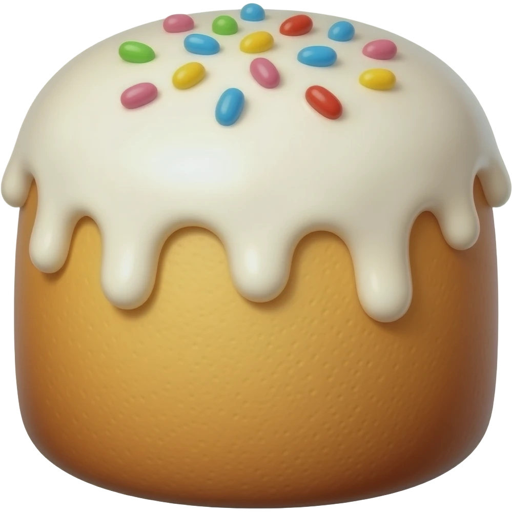 Создай кулич в стиле эмоджи iPhone — это цилиндрообразная, слегка выпуклая форма с мягкой, золотистой корочкой, будто только что из печи. Верхушка украшена белоснежной глазурью, которая стекает по бокам капельками. В центре — разноцветная посыпка: крошечные сахарные шарики. emoji