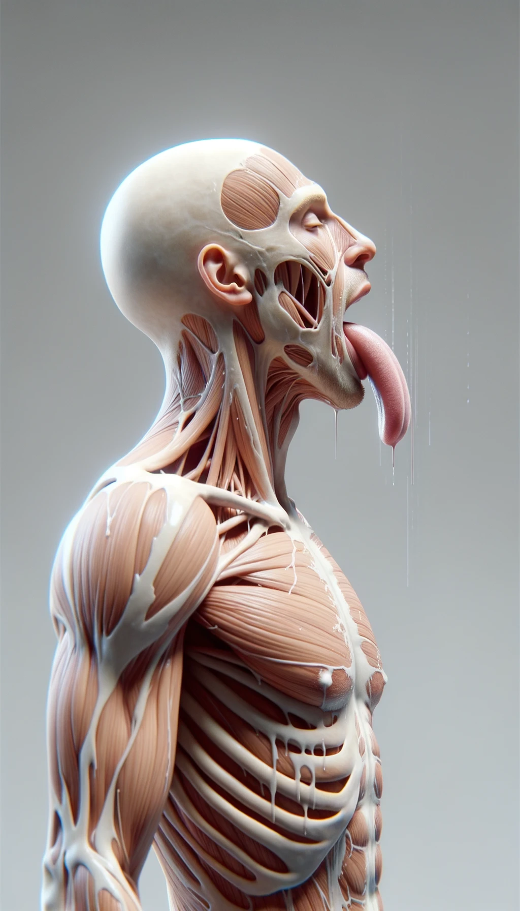 CORPO UMANO ANATOMICO IN PIEDI  A FIGURA INTERA CHE SI GUARDA LA LINGUA ALLO SPECCHIO , TIENE LA LINGUA FUORI E LA LINGUA è PIENA DI MACCHIE BIANCASTRE, NEUTRAL CLEAR BACKGROUND, iperrealistico 4k emoji