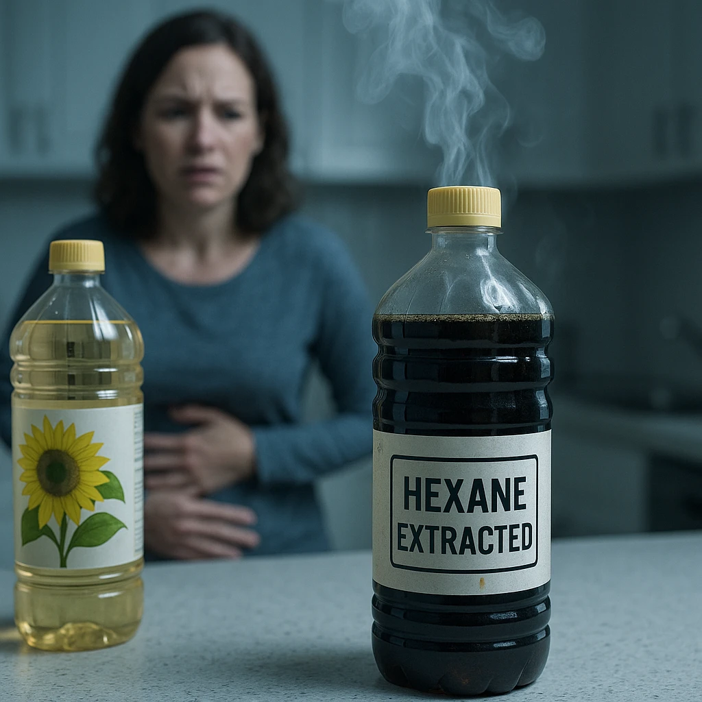 photorealistic surreal kitchen counter with a bottle of vegetable oil (sunflower or soybean), dark oil labeled 'Hexane extracted', toxic vapor rising from the bottle, background with a blurred worried person holding their stomach, cold clinical lighting adding tension emoji