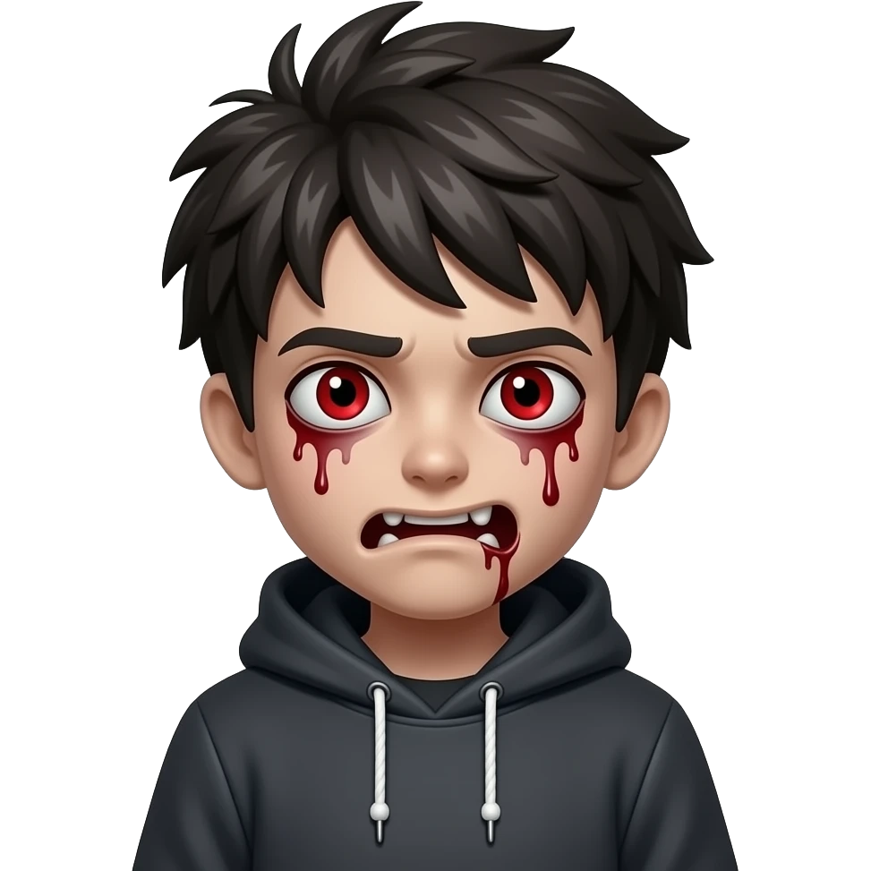 centered scary emoji zombie boy, messy dark hair, creepy expression, blood under eyes, red eyes, hoodie, black background emoji