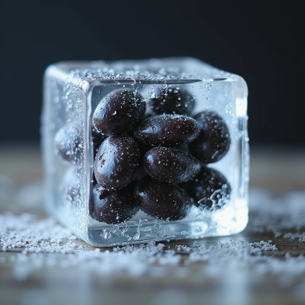 Make this image photorealistic, with black beans inside a clear ice cube. Add visible frost and condensation on the surface. Keep the background transparent. emoji