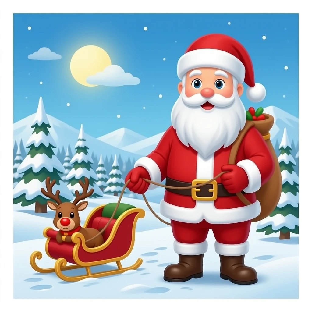 Santa and Rudolph the red nosed reindeer with his sleigh with the north pole village surrounding them in the background emoji