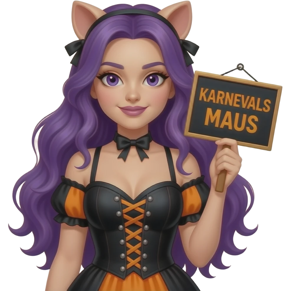 sexy girl with long purple hair and purple eyes wearing a halloween dress holding a KARNEVALS MAUS sign emoji