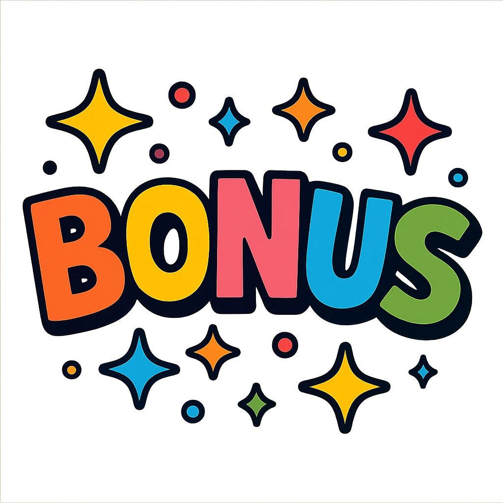 the word BONUS in large, eye-catching vibrant cartoon style letters surrounded by stars, no background or sign behind, just the letters and stars emoji