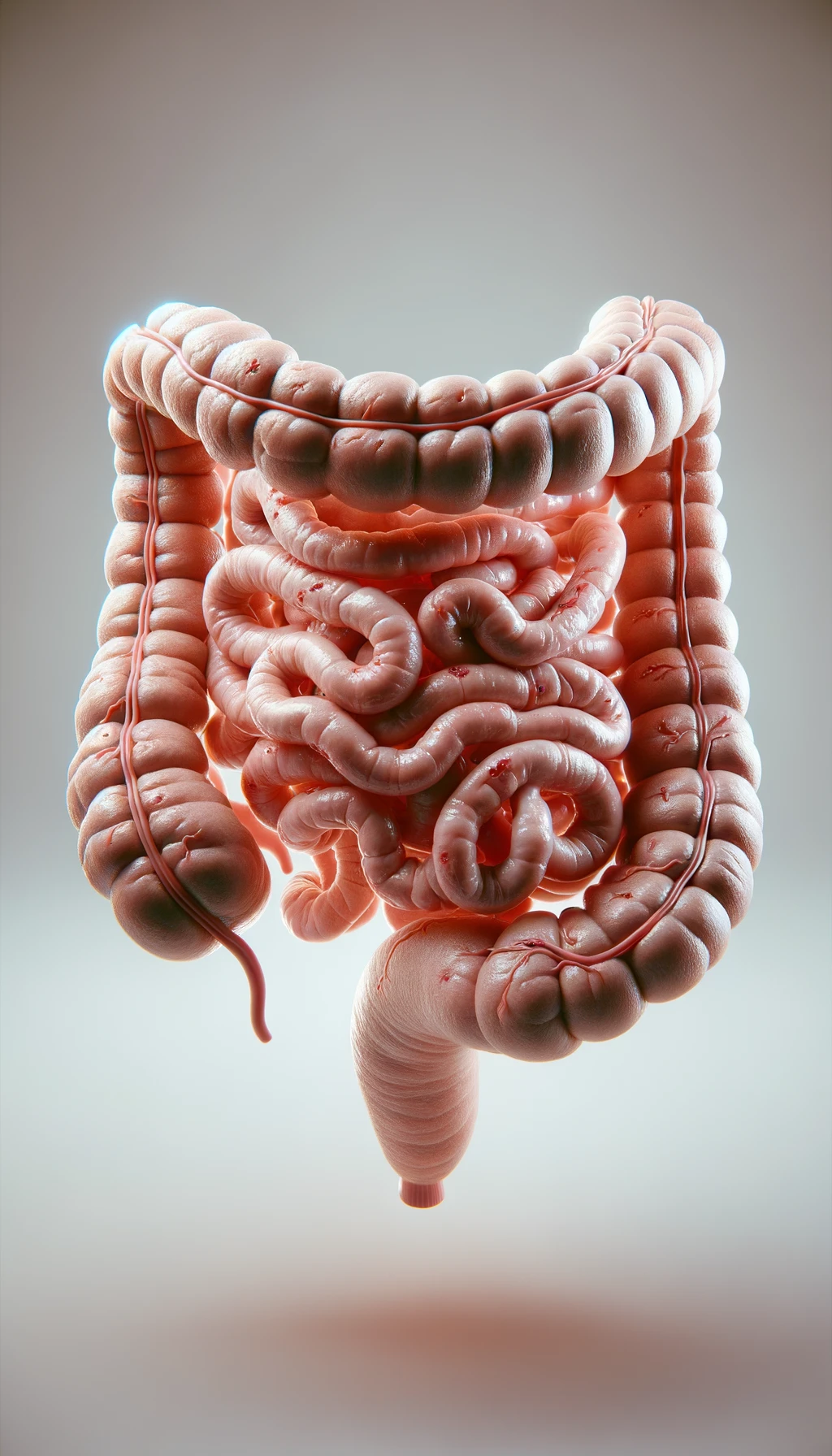 intestino umano anatomico infiammato, sfondo neutro chiaro, iperrealistico 4k emoji