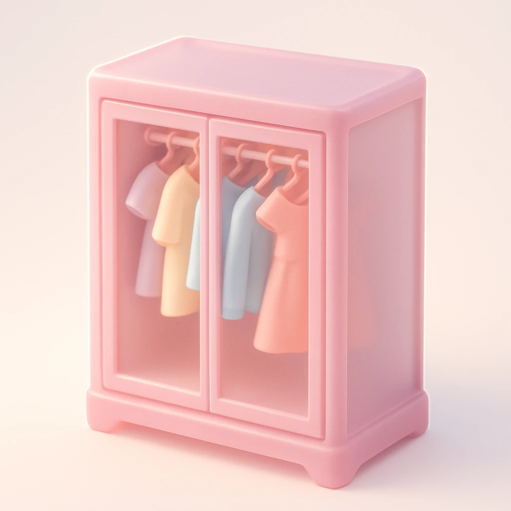 cute pink glass closet with hung pretty pastel clothes, soft and charming, dreamy atmosphere emoji