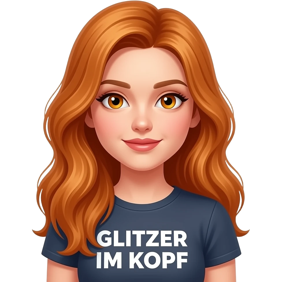 sexy girl with long ginger hair and ginger eyes a top with GLITZER IM KOPF written on it emoji