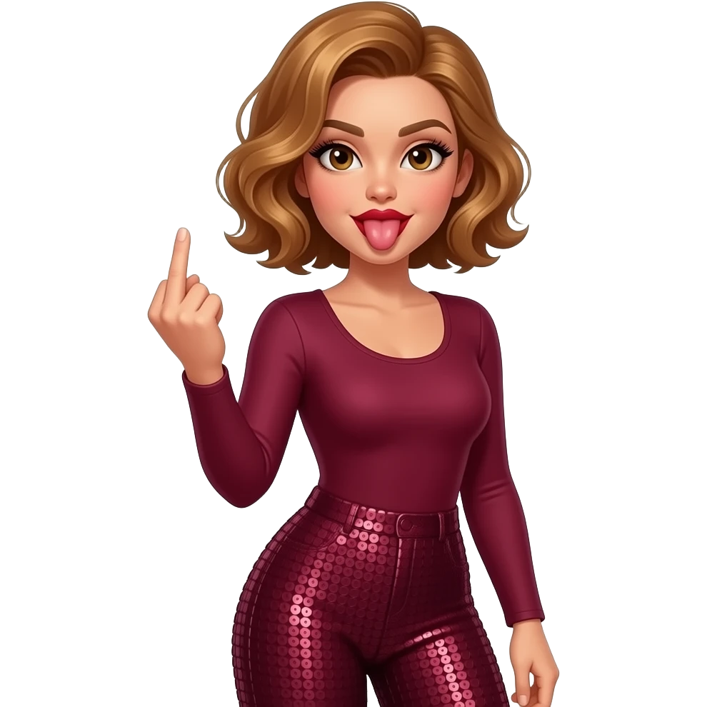 glamours,-tanned,-very-beautiful-woman-with-big-plump-red-lips,-long-lashes,-honey-silky-very short- hair,-wavy-hair,-hazel-eyes- wearing-Burgundy-Long-sleeved-bodysuit-Burgundy- sequinned-pants-Her-eyes-sparkle,-sticking-tongue-out,-middle-finger-up emoji