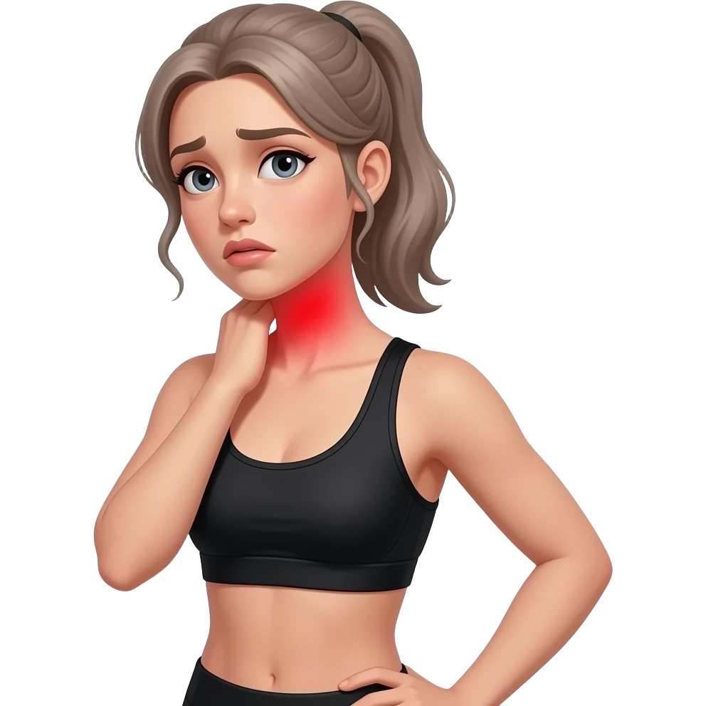 back neck pain, red glow on neck, woman touching her neck, fair-skinned woman, ash light brown hair tied back, slim athletic body, black workout set emoji
