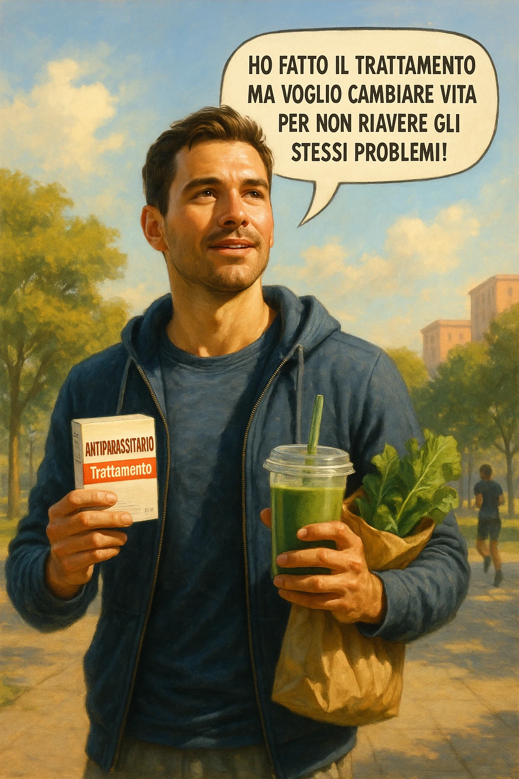 A realistic, cinematic illustration of a man in his early 30s with a determined and hopeful expression, standing outside under a bright morning sky, holding a small box labeled 'Antiparasitic Treatment' in one hand, while in the other hand he holds a fresh green smoothie or a bag of vegetables. A speech bubble near him says: ‘Ho fatto il trattamento ma voglio cambiare vita per non riavere gli stessi problemi!’ The man is wearing casual but clean and sporty clothing, symbolizing a fresh start, with the background showing a city park with green trees, morning light, and people jogging, indicating a healthy lifestyle. The atmosphere is bright, uplifting, and motivating, clearly illustrating the transition from treatment to lifestyle change to prevent future health issues. The style is realistic with warm tones, showing positive energy and commitment to change in italiano emoji