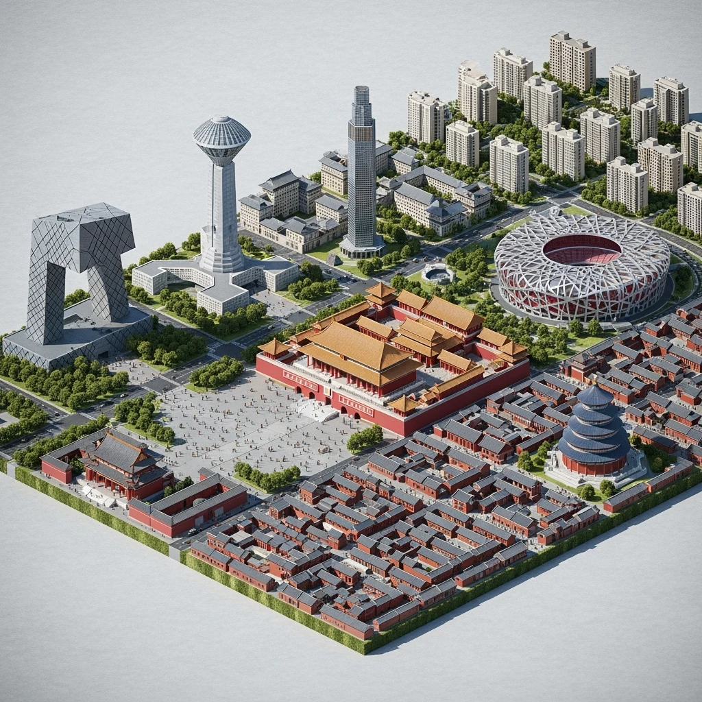Isometric miniature of Beijing Forbidden City, Tiananmen Square, CCTV Headquarters, Temple of Heaven, Bird’s Nest Stadium and crowded hutong alleys, sprawling apartment blocks, 3D miniature effect and Tilt Shift effect, no cartoonish look, transparent background. emoji