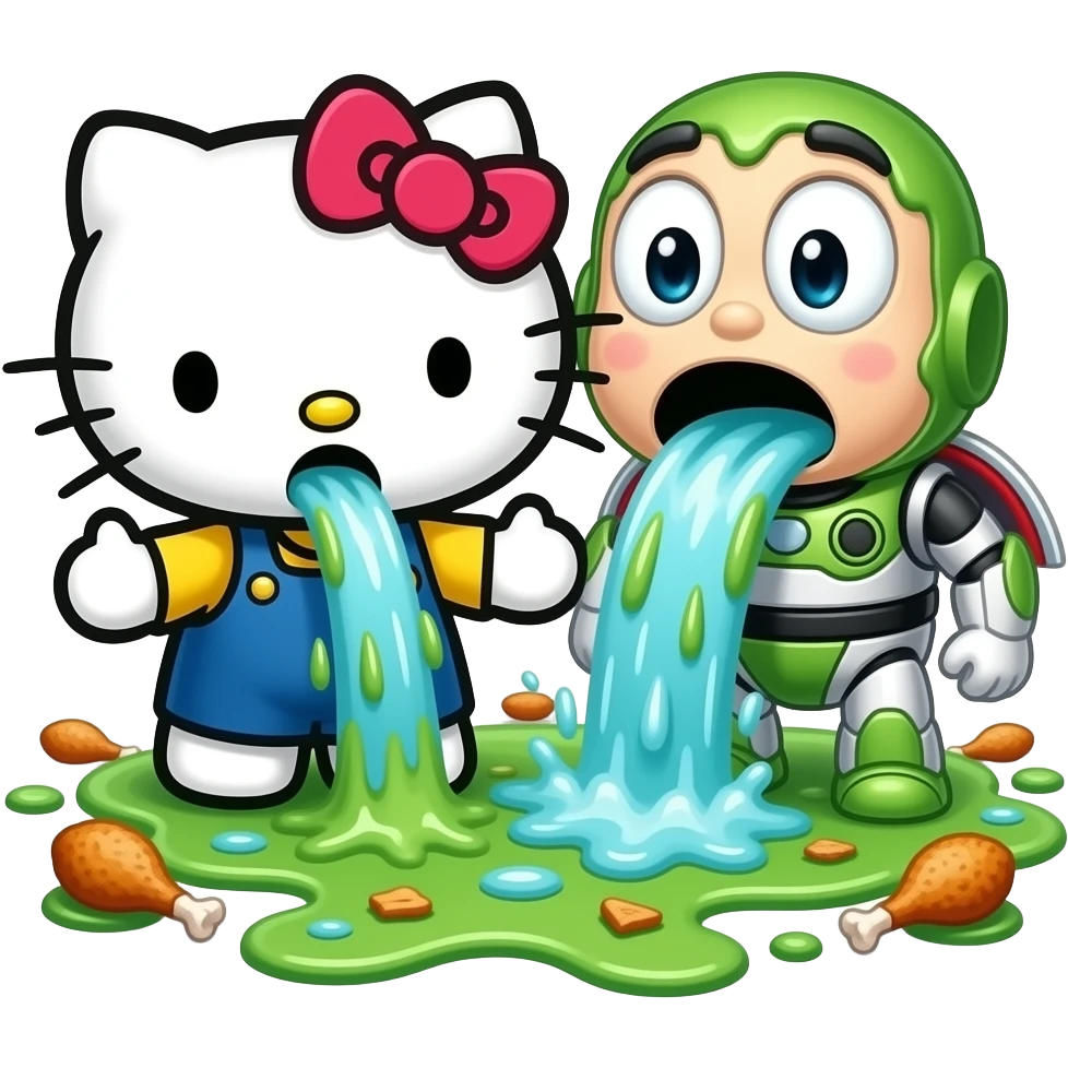 green and white, throwing up, Hello Kitty and Buzz throwing up together, a lot, covering the ground in vomit, Niagara Falls coming out of her mouth, with bits of food in it, fried chicken drumsticks emoji