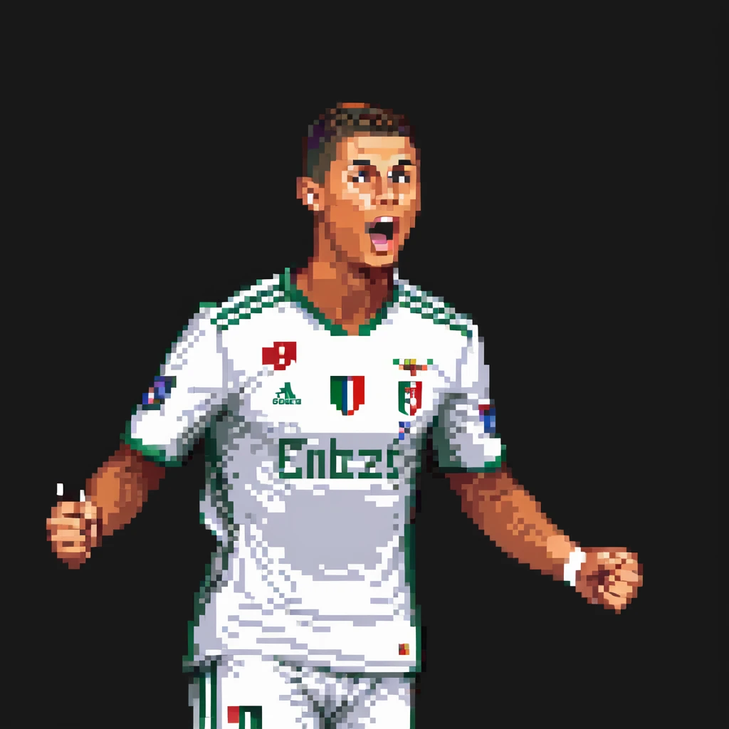 Pixel art of Cristiano Ronaldo celebrating a goal, football kit, retro 16-bit style, football pitch and stadium lights, sharp, clean pixels, rich contrast, vintage video game vibe, recognizable features: short hair, athletic build, determined expression emoji