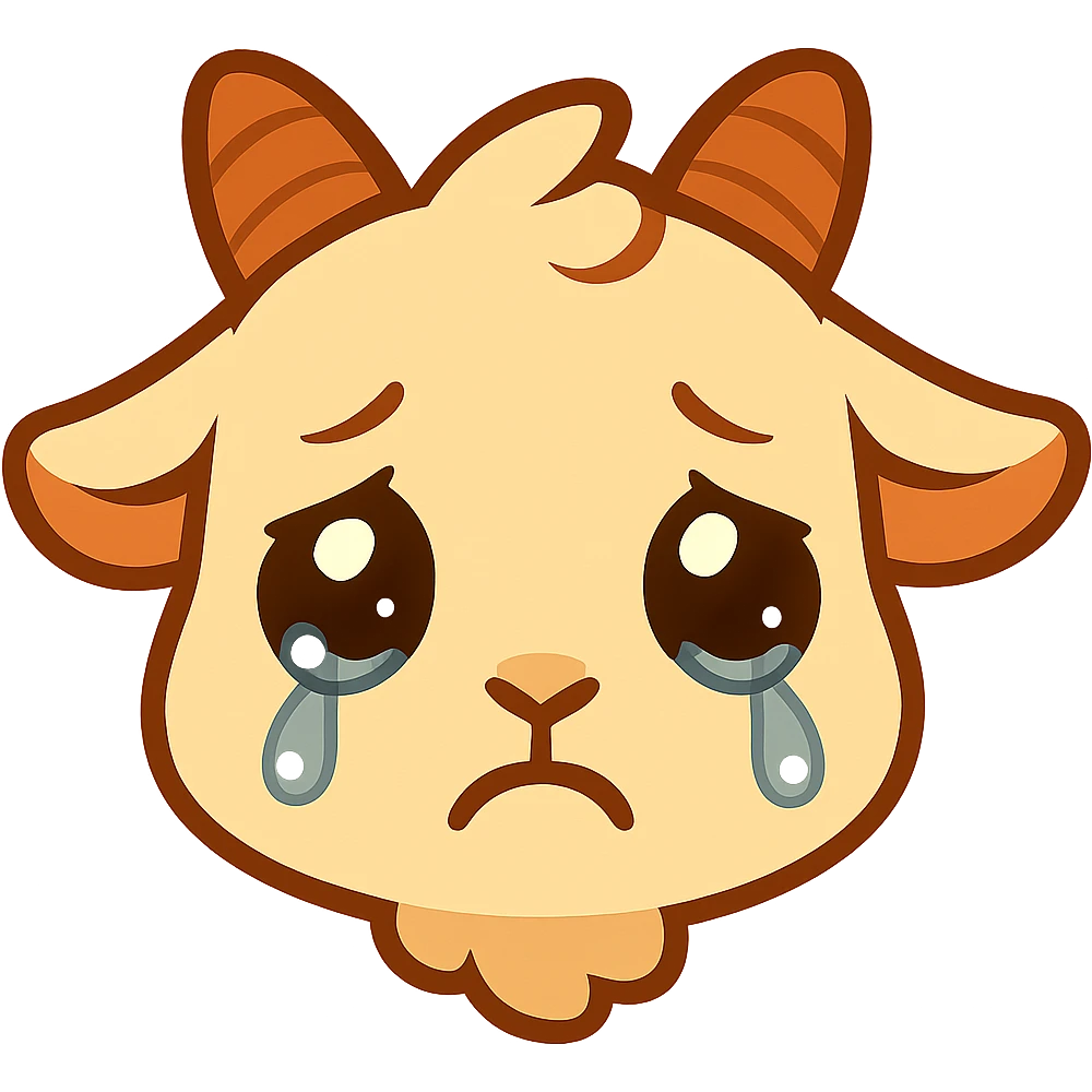 Add a sad expression with shining, teary eyes to the chibi goat head. Keep the simple, clean chibi stickers style and white background. Designed for a small emote. emoji