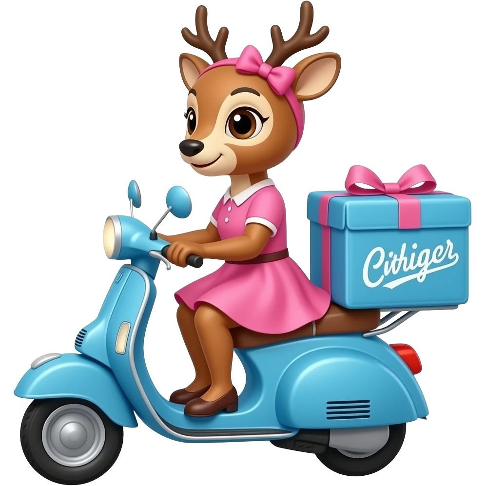 deer who wears pink bow and pink dress and drives blue scooter as a courier emoji