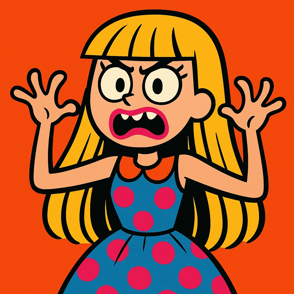 white girl with long hair and bangs, pink lipstick, wearing a cute dress, making a scary expression, fun and appealing style, playful illustration, cartoon, charming and whimsical emoji