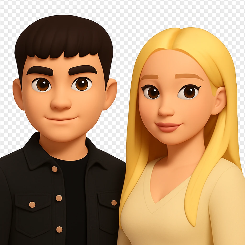 Slightly increase the volume of the upper body of the girl, separate the girl and the boy from each other, and make the skin color the same for both characters. Maintain the cartoon style and transparent background as in the original image. emoji