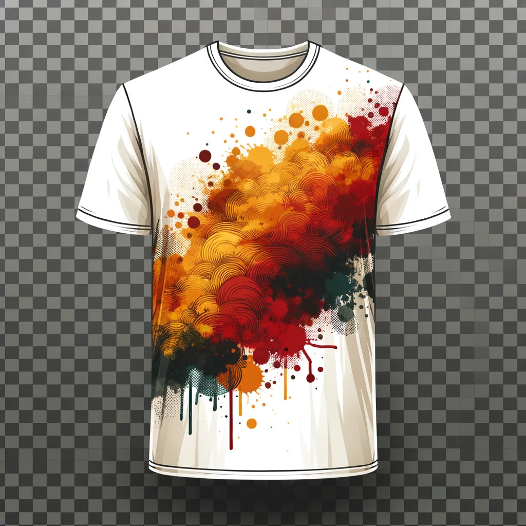 t-shirt design background, abstract irregular splash shape, warm fall colors (pumpkin orange, golden yellow, deep red, forest green), artistic ink splash effect, modern design, transparent background, isolated graphic emoji