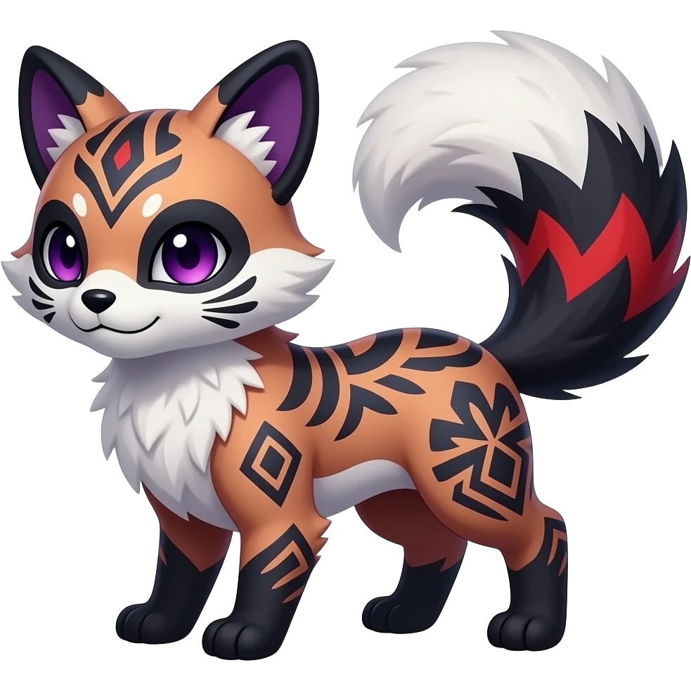 Rare warm-colored exotic gloomy tropical edgy cute epic aesthetic spooky indigo violet white black red gothic colorful Salandit-Furret-Civet-species-Fakemon-hybrid-creature, with tribal tattoo markings, full body emoji