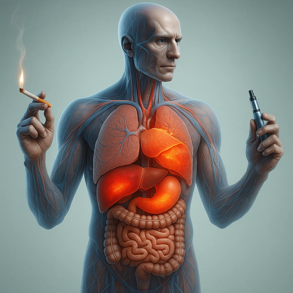 Medical illustration, hyperrealistic 4K, realistic anatomical human body, inflamed liver and intestine highlighted, holding a lit normal cigarette in the right hand and an electronic cigarette in the left hand, clear background, extremely detailed, same lighting and style as the reference image. emoji