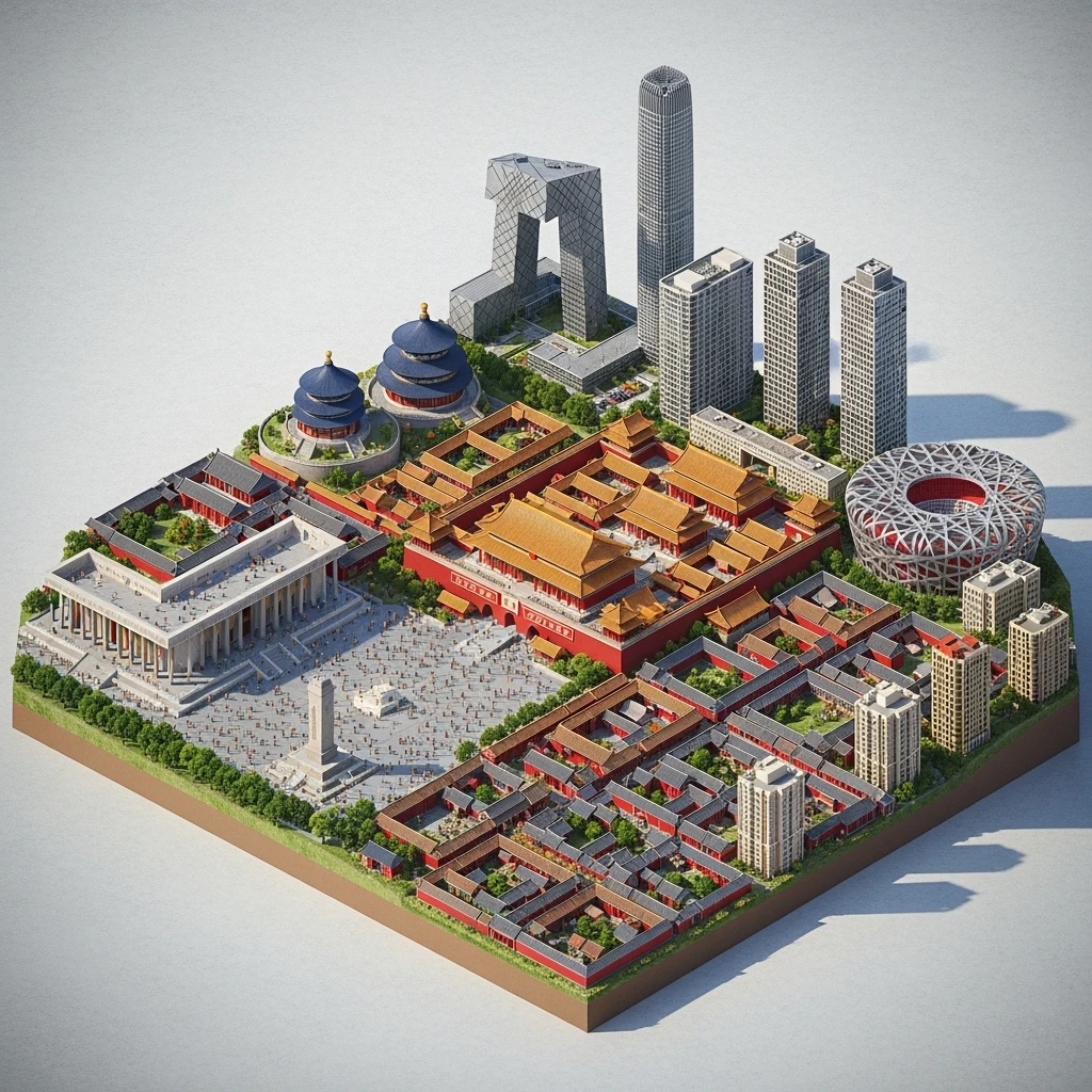 Isometric miniature of Beijing Forbidden City, Tiananmen Square, CCTV Headquarters, Temple of Heaven, China Zun Bird’s Nest Stadium and crowded hutong alleys, apartment blocks, 3D miniature effect and Tilt Shift effect, no cartoonish look, transparent background, don't cut angles emoji