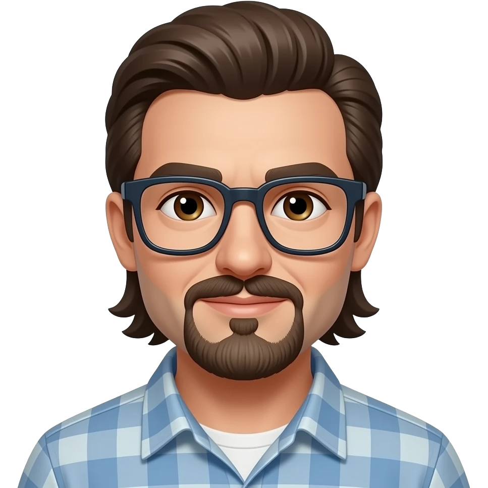 persona blanca con cejas gruesas y bigote, ojos cafés, bigote corto, perilla, pelo mullet y lentes gruesos emoji