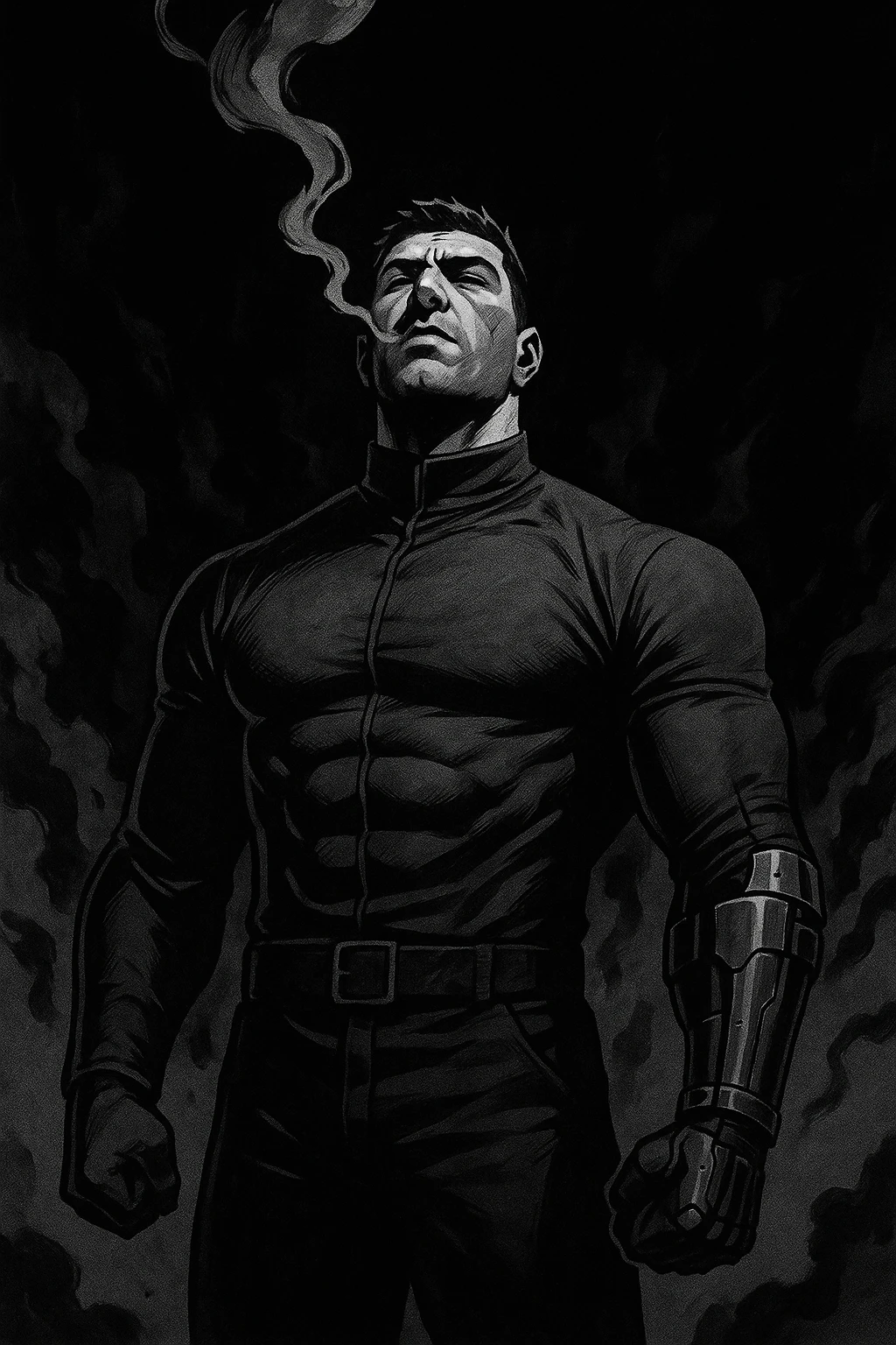 Black and white comic book panel of an extremely muscular Italian man with cybernetic implants standing in the dark, surrounded by smoke. He is wearing a long-sleeved shirt with a high collar, and his chest is sculpted. emoji