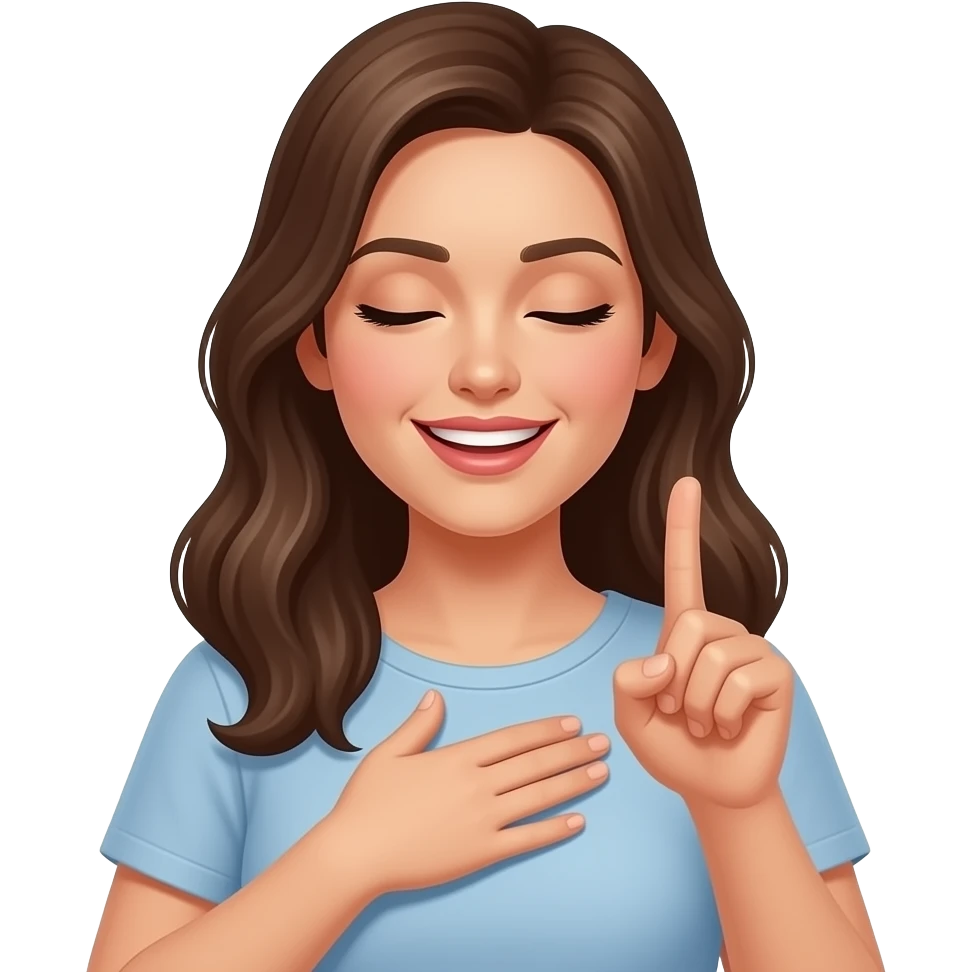 person woman saying not, eyes closed, one hand on chest, other hand with just the index finger stretched, the hand is in front, mouth as if he was saying not, slightly smiling, emoji