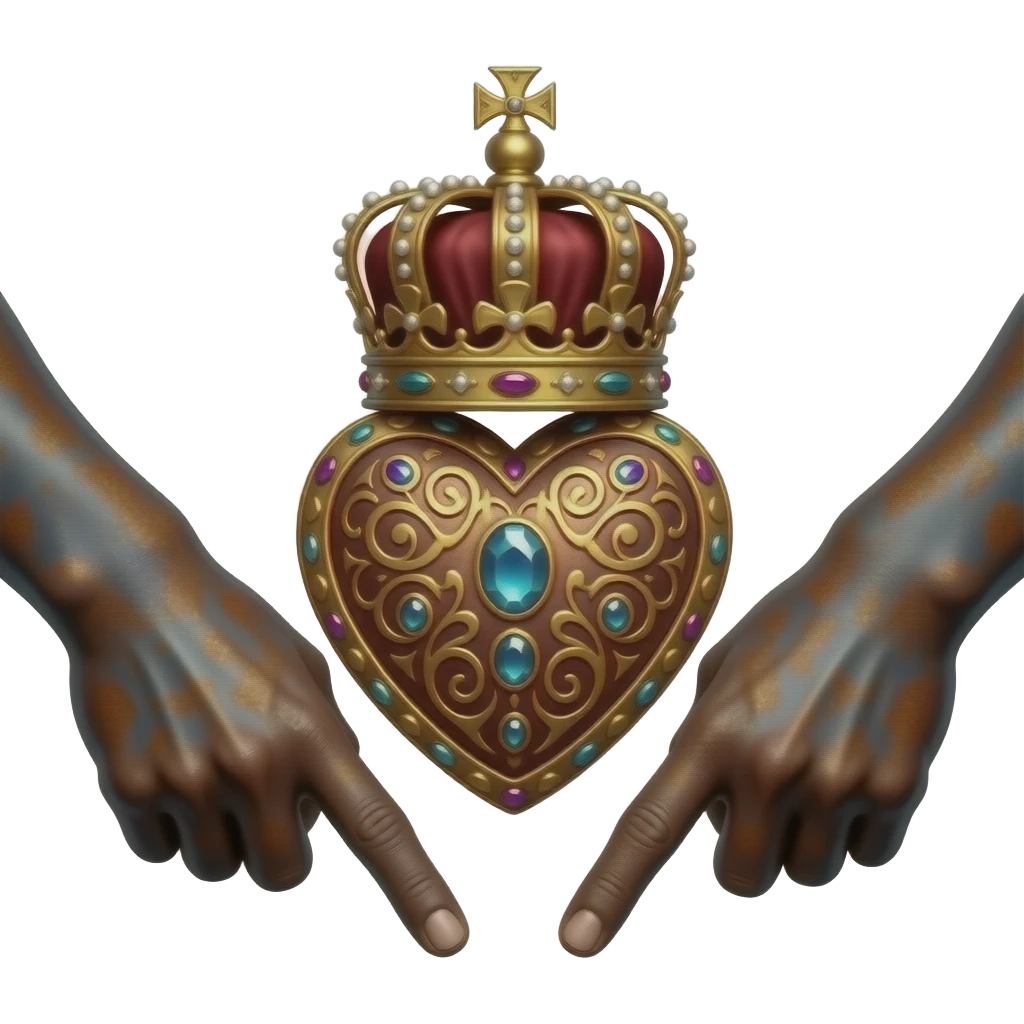 two rusty hands touch with their fingers (fingers are pointing downwards)  a rusty heart richly ornamented with arabesques and studded with precious stones with a richly decorated royal crown, dramatic lighting - backlight emoji